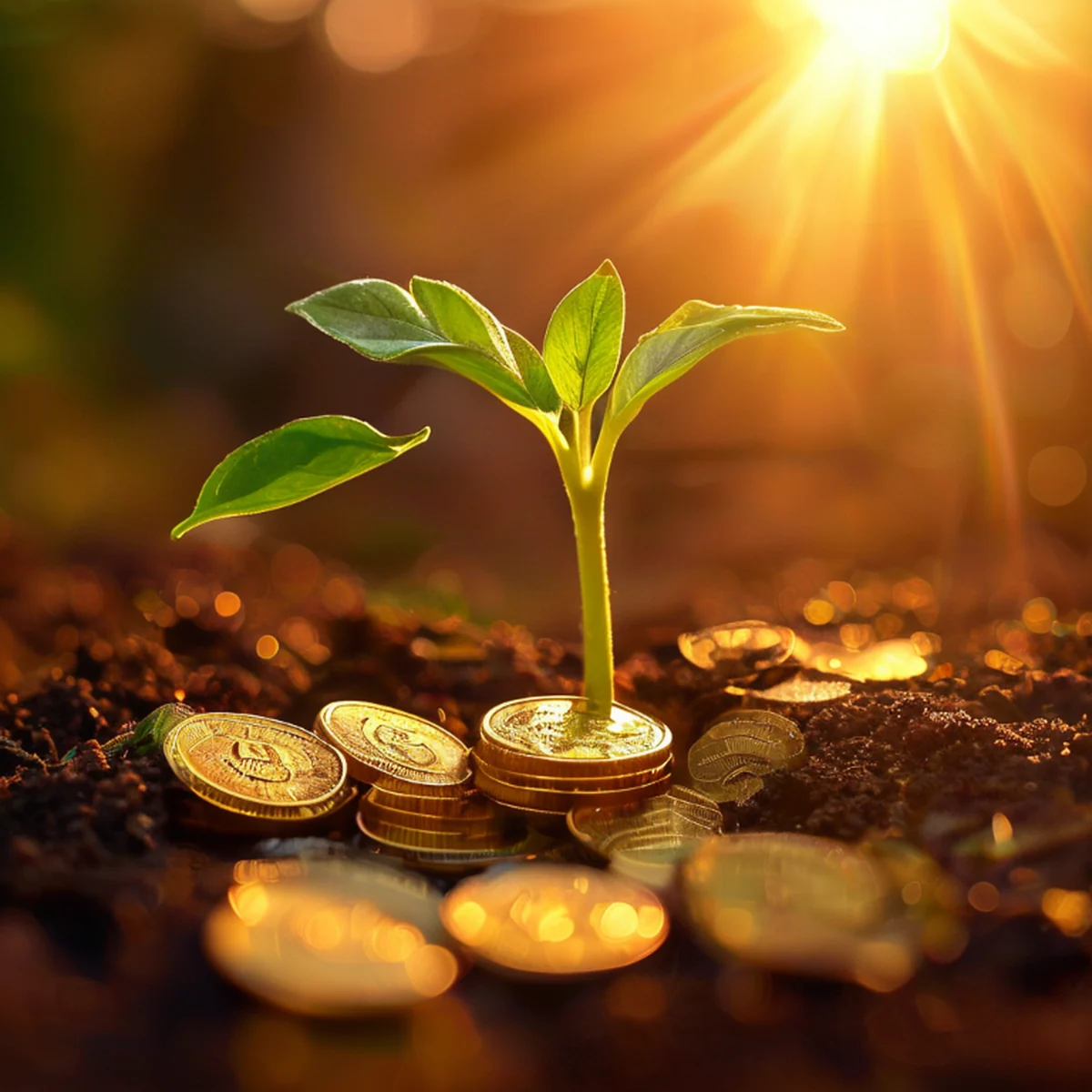 A small plant growing near gold coins symbolizing economic potential