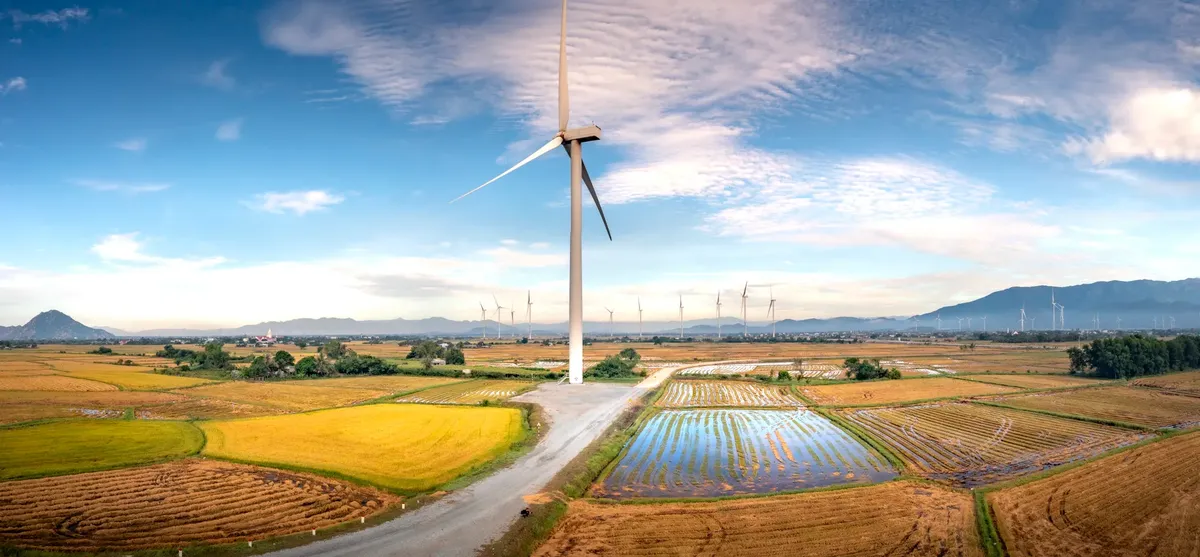 Panoramic view of wind turbines in Vietnam over golden rice fields and mountains, highlighting renewable energy.