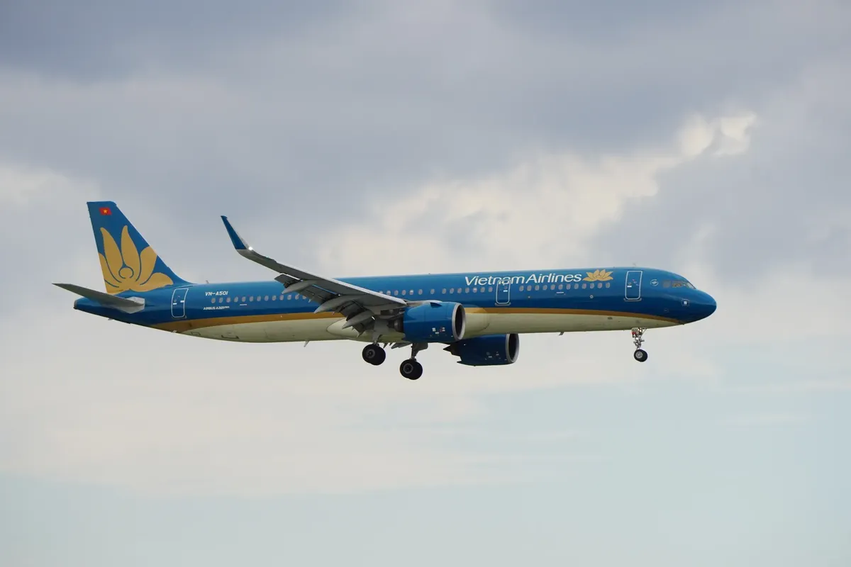 ベトナム航空のアリアンバ321が雲の空を背景に飛行、航空と旅のテーマを展示。