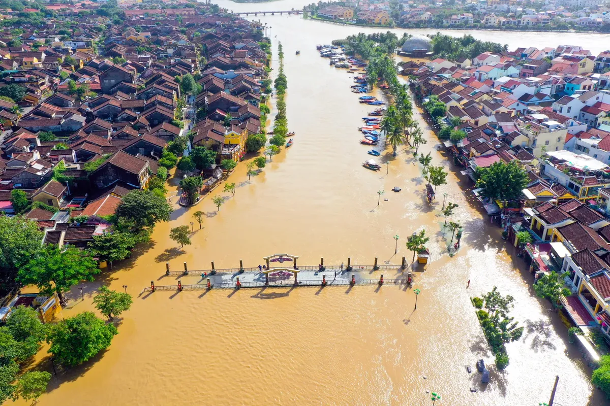 Stunning aerial image of Hoi An, Vietnam flooding with river overflow.