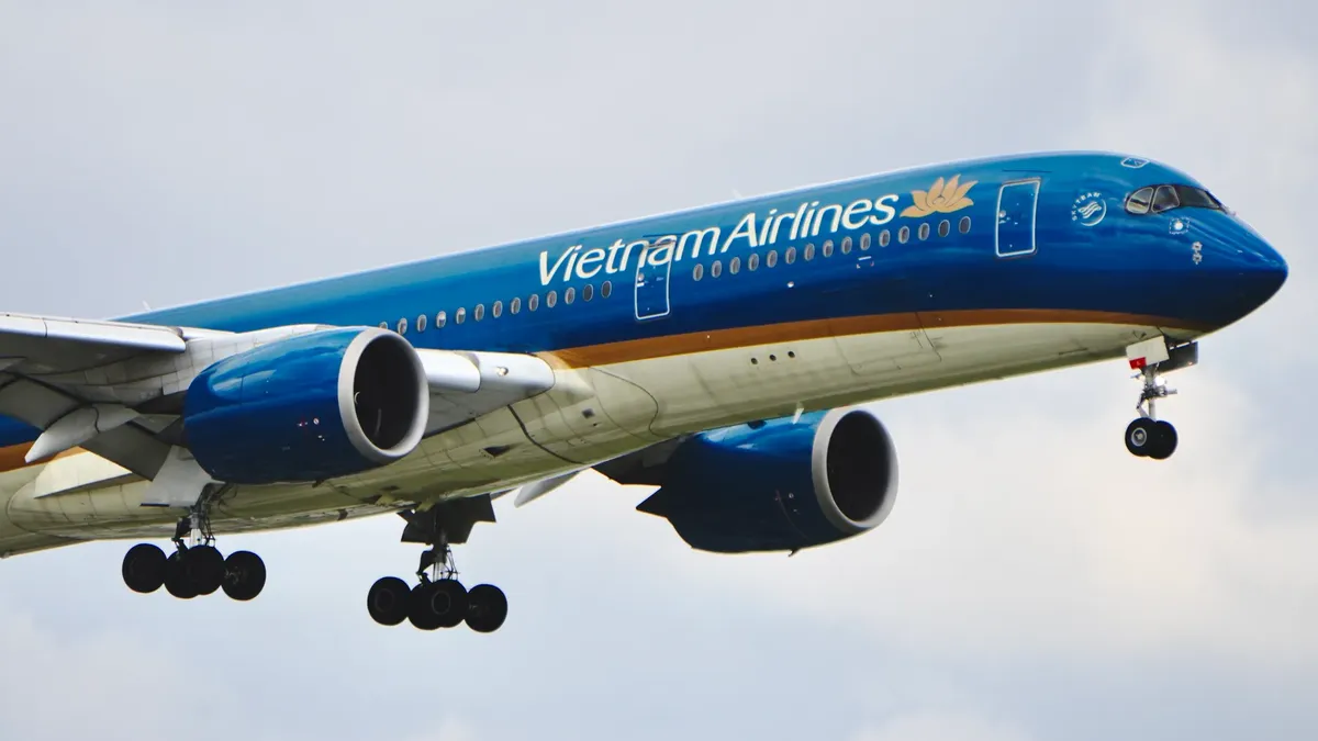 詳細圖片顯示越南航空飛機在藍色天空中飛行。