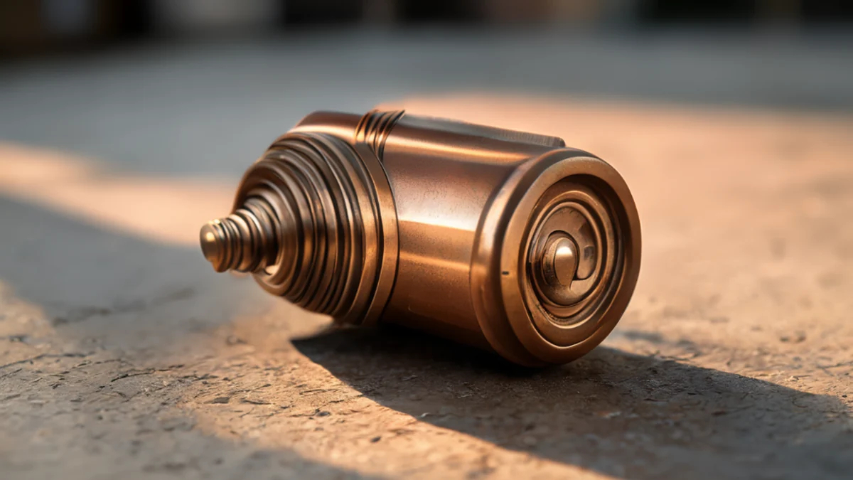 Metall-Kraftstoff-Valve, zylindrisch, braun, texturiert, auf Beton, warmes Licht, flaches Fokus, photorealistisch