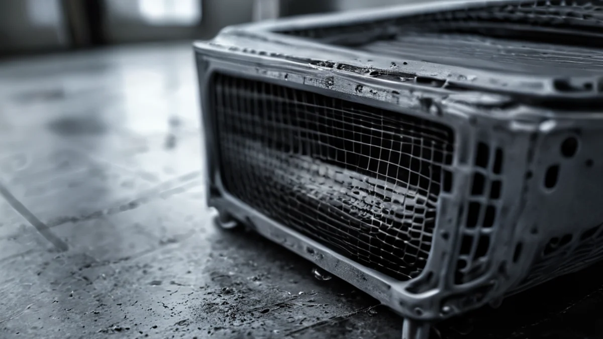 Gray mesh engine air filter with dirty interior, plastic housing, concrete floor, overcast daylight, shallow depth of field, photorealistic, sharp focus, high detail