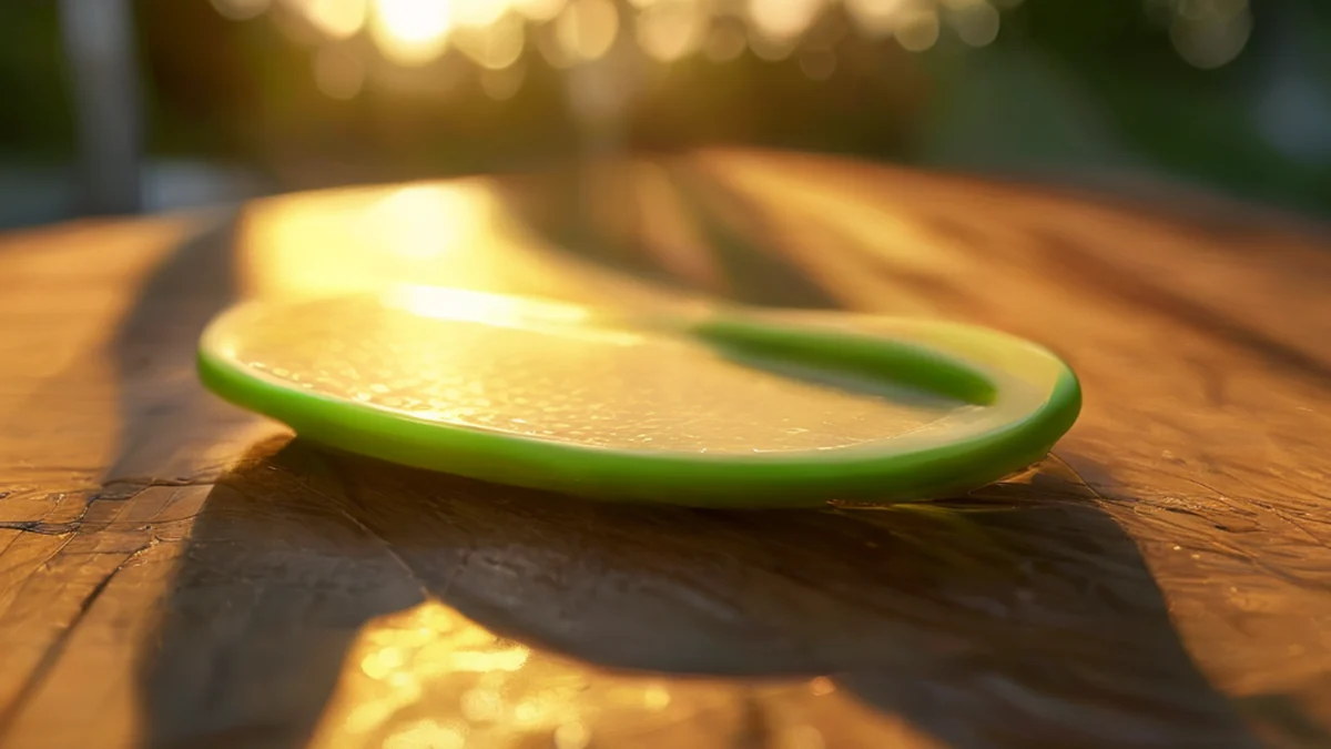 Clip solar en plástico, curvo, verde, sobre una mesa de madera bajo la luz dorada, profundidad de campo baja, fotorealista, enfoque neto, detalles altos