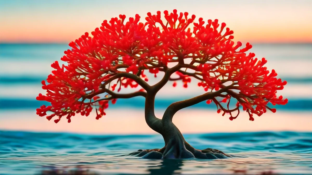 Un arbre corail avec des fleurs rouge et orange.