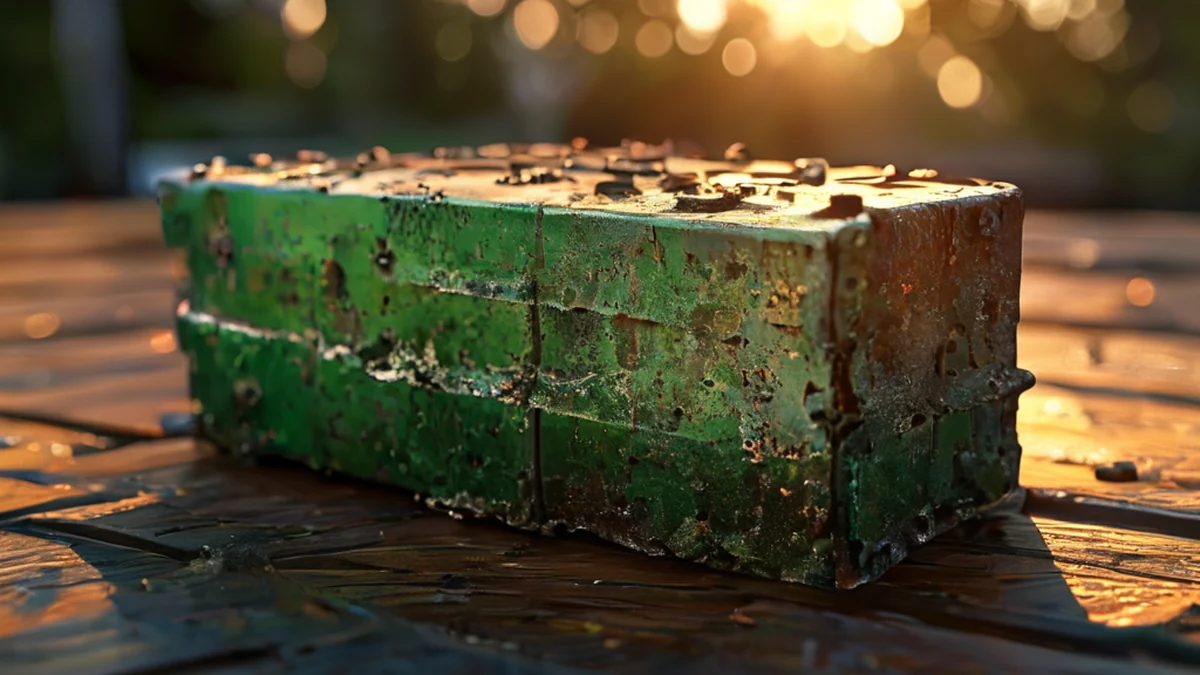 Marco di batteria in acciaio rugginoso, verde, superficie irregolare, su una tavola in legno, luce dell'ora d'oro, profondità di campo sottile, fotorealistica, focus netto, dettagli elevati