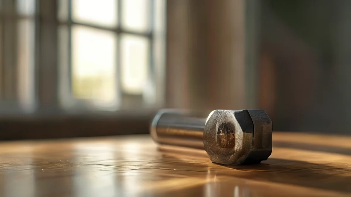 Een enkelvoudig staalhuisstuk, zesvlakke kop, draadloze as, op een houten tafel, onder zachte raamlicht, zachte scherpte, fotorealistisch, hoge details